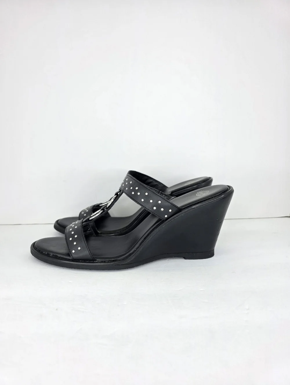 Harley Davidson Monica Women's Black‎ Double Strap Silver Wedge Sandals Size 10M